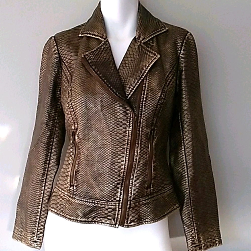 V Cristina Faux Snakeskin Leather Bronze Gold Jacket. Small